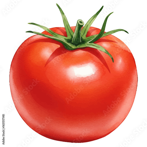 Fresh ripe tomato with vibrant green stem and leaves, a watercolor illustration of a delicious and healthy vegetable