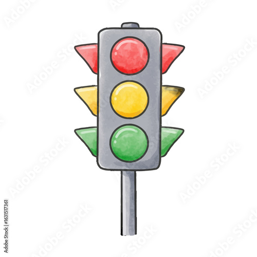 Watercolor traffic light illustration with red, yellow, and green lights, emphasizing safety and regulation in urban environments for transportation