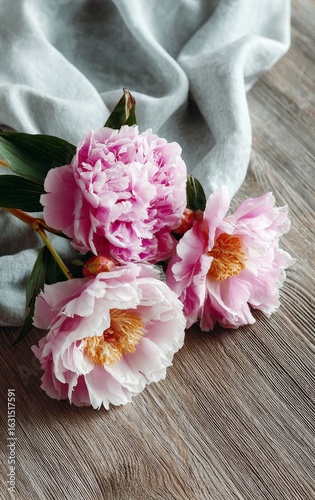 Pink peonies resting on a wooden table with a gray cloth