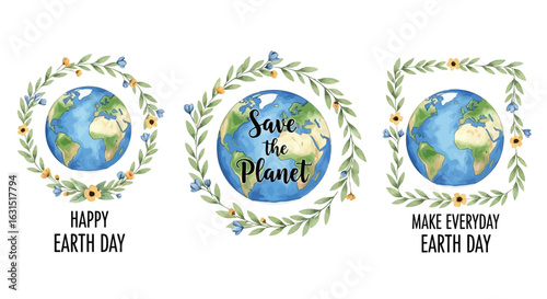 Vector illustration of three watercolor illustrations of earth with greetings for earth day happy earth day, save the planet, and make everyday earth day, isolated on white background