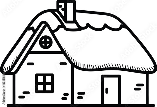 Charming rural cottage, featuring a thatched roof and rustic design, perfect for illustrating countryside living and traditional architecture in a minimalist style