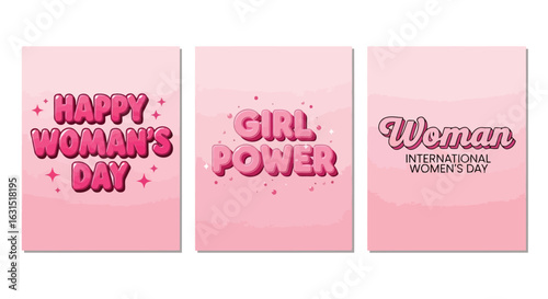 Vector illustration of happy womans day and girl power text designs, celebrating female empowerment and international womens day with pink typography