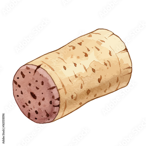 Artistic rendition of a wine cork showcasing its textured surface and porous end, evoking a sense of celebration and gourmet experiences in a detailed illustration