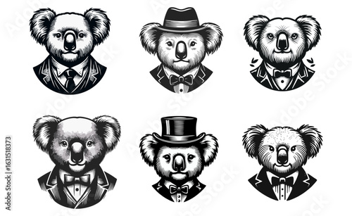 Koala Bears in Suits and Hats - Graphic Vector Set
