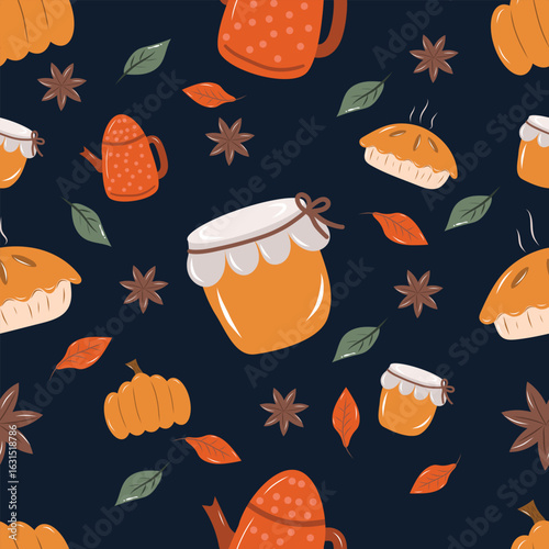 Acorn, pie, leaf, pumpkin jam and vacuum bottle on a navy background. Autumn seamless pattern for clothing, fabric, wallpaper, backdrop, home decoration, cover book, and wall art.