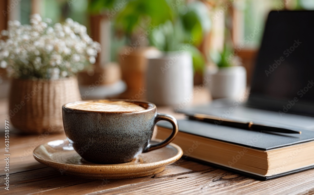 Obraz premium Cappuccino, notebook and laptop creating cozy workspace ambiance