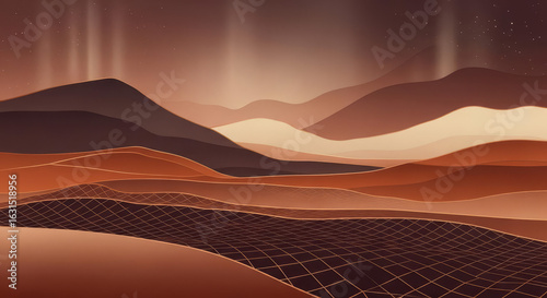 Futuristic Abstract Desert Landscape with Glowing Grid and Cosmic Lights under a Starry Sky