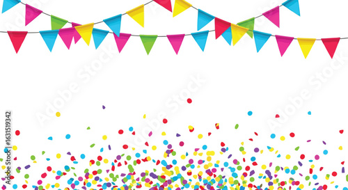 Vector illustration of colorful party flags and confetti scattered on a white background, isolated on white background