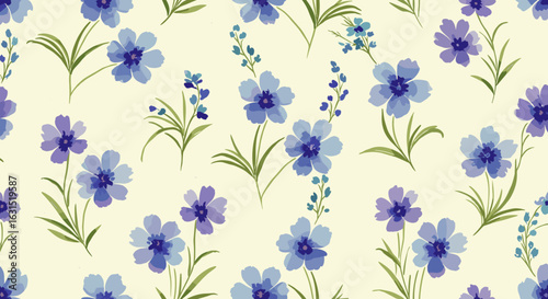 Gentle watercolor floral pattern with blue and purple flowers, soft pastel background, and delicate green stems, creating a serene botanical design
