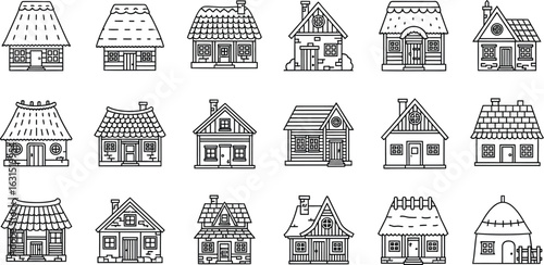 Collection of eighteen different village houses, showcasing various architectural styles, roof designs, and exterior features in a simple and cute cartoon style