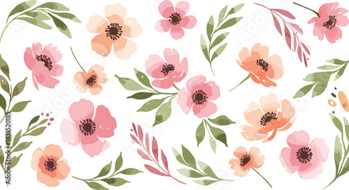 Watercolor floral pattern with pink and peach blossoms and green leaves on a white background for elegant designs