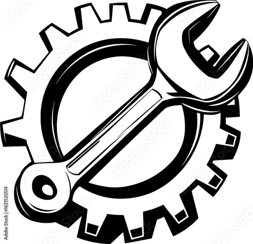 Black and white line art icon of a wrench superimposed over a gear for maintenance or engineering