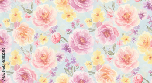 Watercolor floral pattern with pastel peonies, lavender, and yellow flowers for spring designs and backgrounds