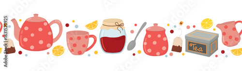 Tea party seamless border isolated on white. Horizontal pattern with colorful polka dot ceramic teapot, cup, sugar bowl, milk jug