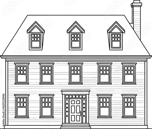 Detailed house facade, showcasing building architecture, home exterior design, residential windows, doors, roof, chimney, and traditional style in a classic drawing