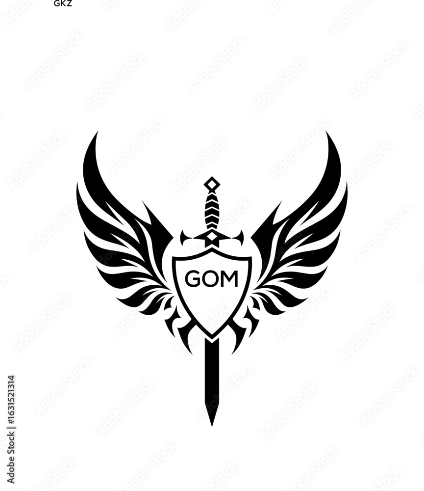 Obraz premium GOM Winged Sword and Shield Logo with GOM Letters, GOM Later Logo, Heraldic Emblem, Black and White Vector Design 