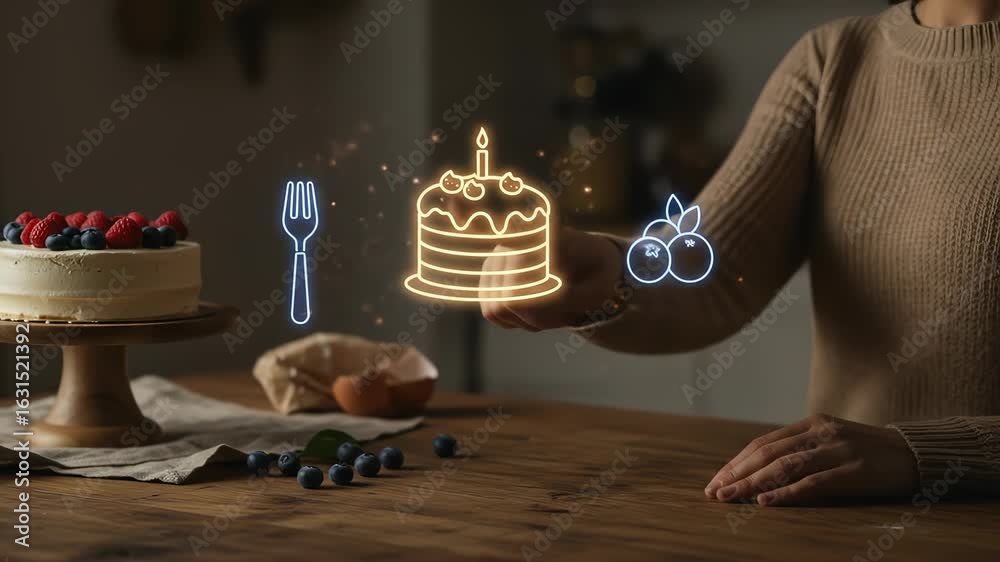 Augmented reality transforms modern baking: a woman's hand interacts with a glowing holographic cake, demonstrating the future of smart kitchen technology.