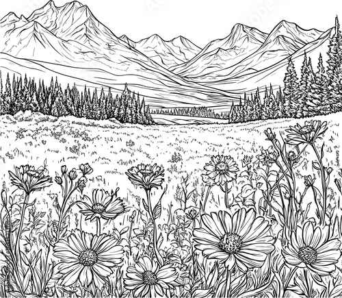 Line art landscape of daisy flowers in a field with mountains and pine trees background