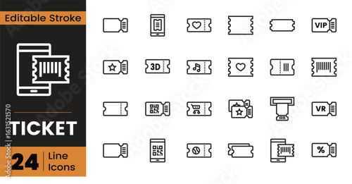 Ticket outline icon set. Editable stroke icon. Vector illustration