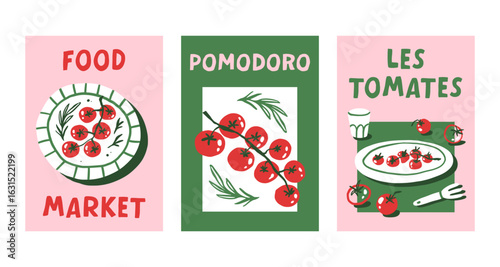 Tomato pomodoro food poster print set summer vector illustration collection. Mediterranean vegetable kitchen design.