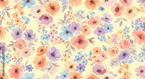 Delicate floral pattern with pastel watercolor effect featuring roses, poppies, and forget-me-nots in a seamless repeat for backgrounds