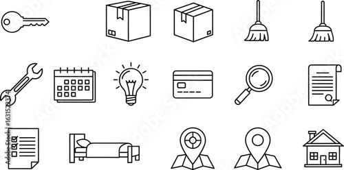 Set of various outline icons, including a key, boxes, brooms, wrench, calendar, light bulb, credit card, magnifier, document, list, bed, location pin, map, and house