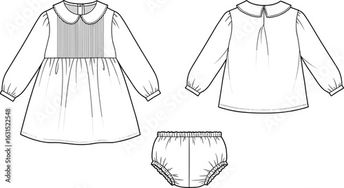 Classic long-sleeve baby girl dress with Peter Pan collar, pintuck bodice, matching bloomer, infant clothing, toddler outfit, elegant design