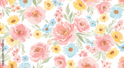 Watercolor floral pattern with delicate pink peonies, yellow daisies, and light blue forget-me-nots on white background