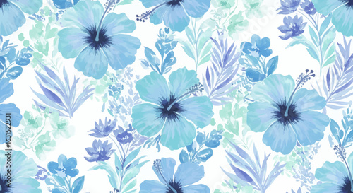 Seamless pattern with vibrant blue hibiscus flowers and foliage watercolor design for textile and wallpaper