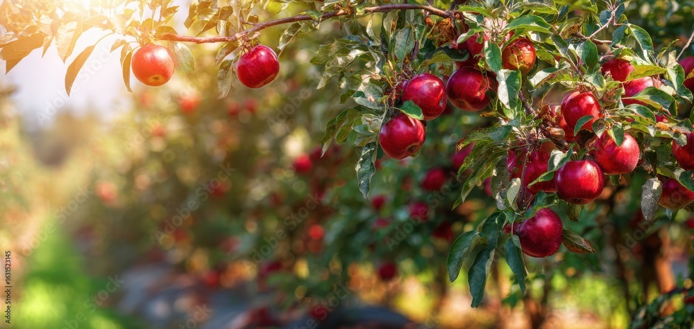 Obraz premium The lush apple orchard with ripe fruits ready for harvest in sunlight.