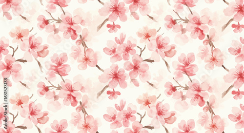 Seamless pattern of pink cherry blossom flowers with a watercolor effect creating a delicate floral background for various designs and projects
