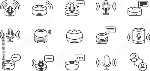 Smart speaker and voice assistant device line icons digital home control, wireless communication and artificial intelligence technology concept