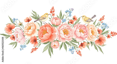 Watercolor floral arrangement featuring peonies, small flowers, leaves, and two birds in a delicate palette, perfect for spring