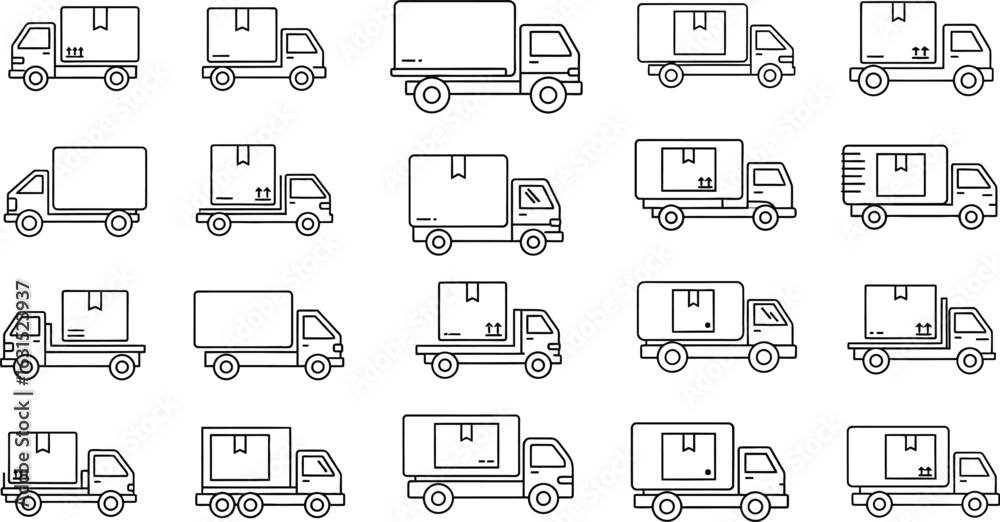 Set of linear icons related to delivery trucks, including various types of trucks with boxes, vans, and cargo vehicles for transport and shipping Set of linear icons related to delivery trucks, including various types of trucks with boxes, vans, and cargo vehicles for transport and shipping