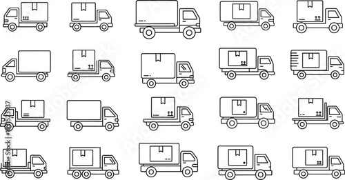 Set of linear icons related to delivery trucks, including various types of trucks with boxes, vans, and cargo vehicles for transport and shipping