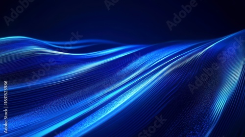 Abstract blue wave background with glowing lines and dark background.