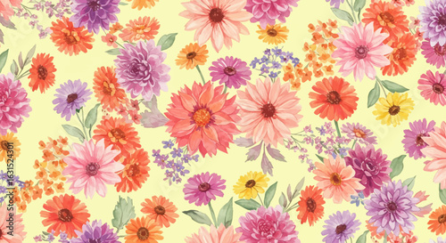 Watercolor floral pattern with vibrant daisies, dahlias, and chrysanthemums on a pale yellow backdrop creating a joyful spring mood
