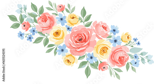 Floral arrangement with pink and yellow roses accented by small blue flowers and green leaves, creating a soft aesthetic