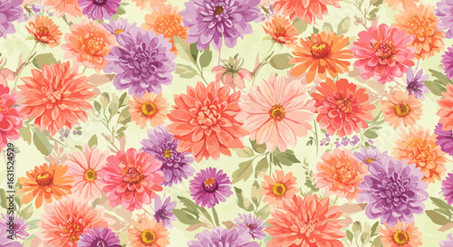 Vibrant floral pattern featuring a medley of orange, purple, and pink dahlia flowers on a soft green background, creating a beautiful tapestry