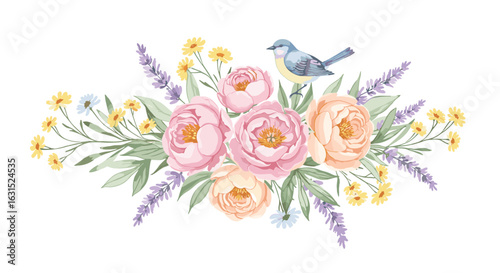 Delicate floral arrangement featuring pastel peonies, lavender sprigs, yellow daisies, and a charming bluebird perched above