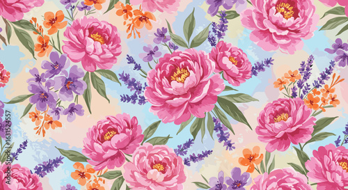 Seamless floral pattern with blooming peonies, lavender, and delicate blossoms in a watercolor style background