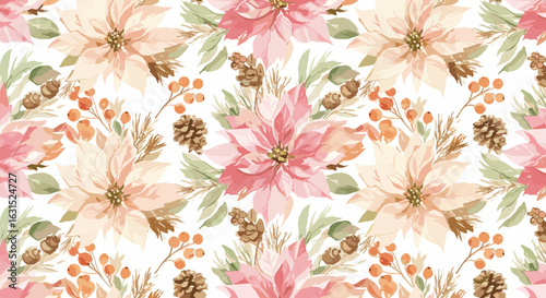Watercolor poinsettia flowers and pine cones create a festive, seamless pattern perfect for Christmas and winter backgrounds, celebrations and holiday designs