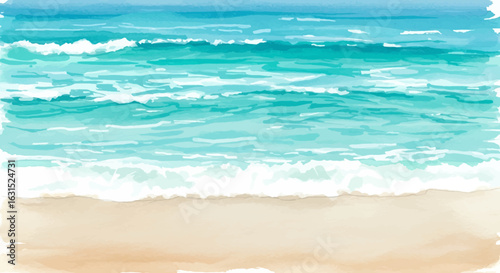 Watercolor painting of a serene beach with turquoise ocean waves gently lapping onto the golden sandy shore creating a peaceful seascape