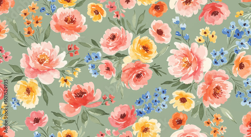 Watercolor floral pattern with peach, pink, yellow, and blue flowers on a sage green background, creating a soft botanical design