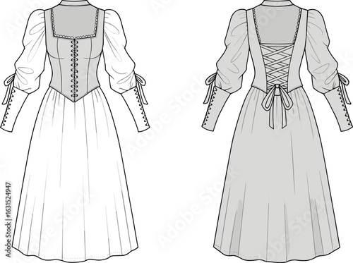Women’s medieval-inspired dress with square neckline, puffed long sleeves, lace-up bodice and sleeves, ribbon details, A-line skirt, fashion flat sketch