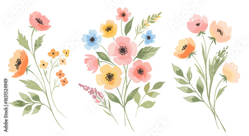Delicate floral arrangement featuring watercolor flowers in pastel hues on a white background, creating a soft, romantic botanical illustration
