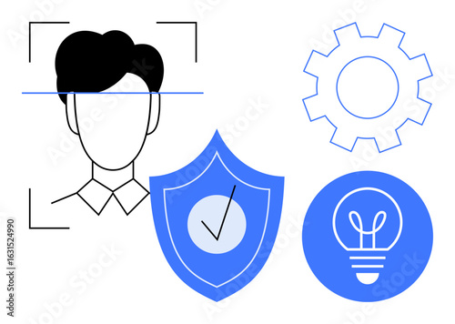 Human face inside facial recognition outline, shield with checkmark, gear, and lightbulb. Ideal for innovation, tech security, AI, idea generation, problem-solving safety simple landing page