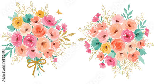 Watercolor Floral Bouquets with Roses, Peonies, and Delicate Gold Accents for Spring and Summer Decor