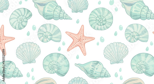 Seamless pattern of sea shells and starfish in pastel colors for marine themed summer decoration and backgrounds