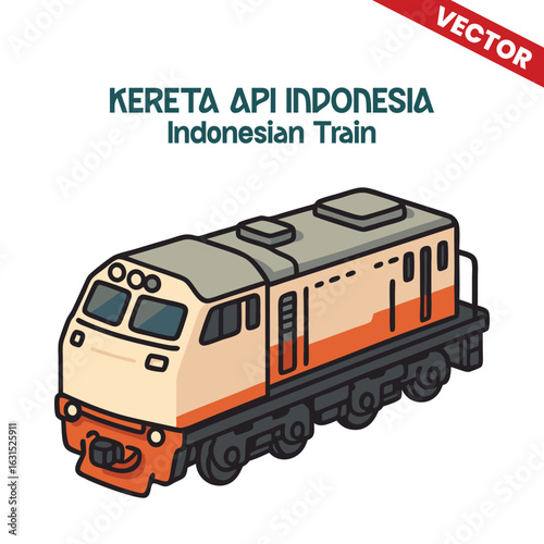 Stylized vector of an Indonesian train, featuring a white and orange locomotive, representing the distinct and efficient design of Kereta Api Indonesia's rail system